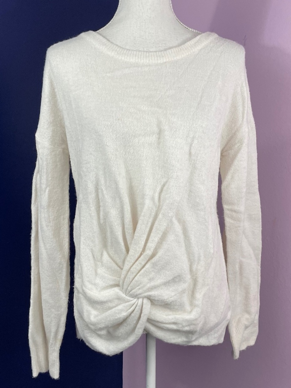 Cream Twist Front Sweater S Soft Plush White USA Umgee Crew Neck Long Sleeve